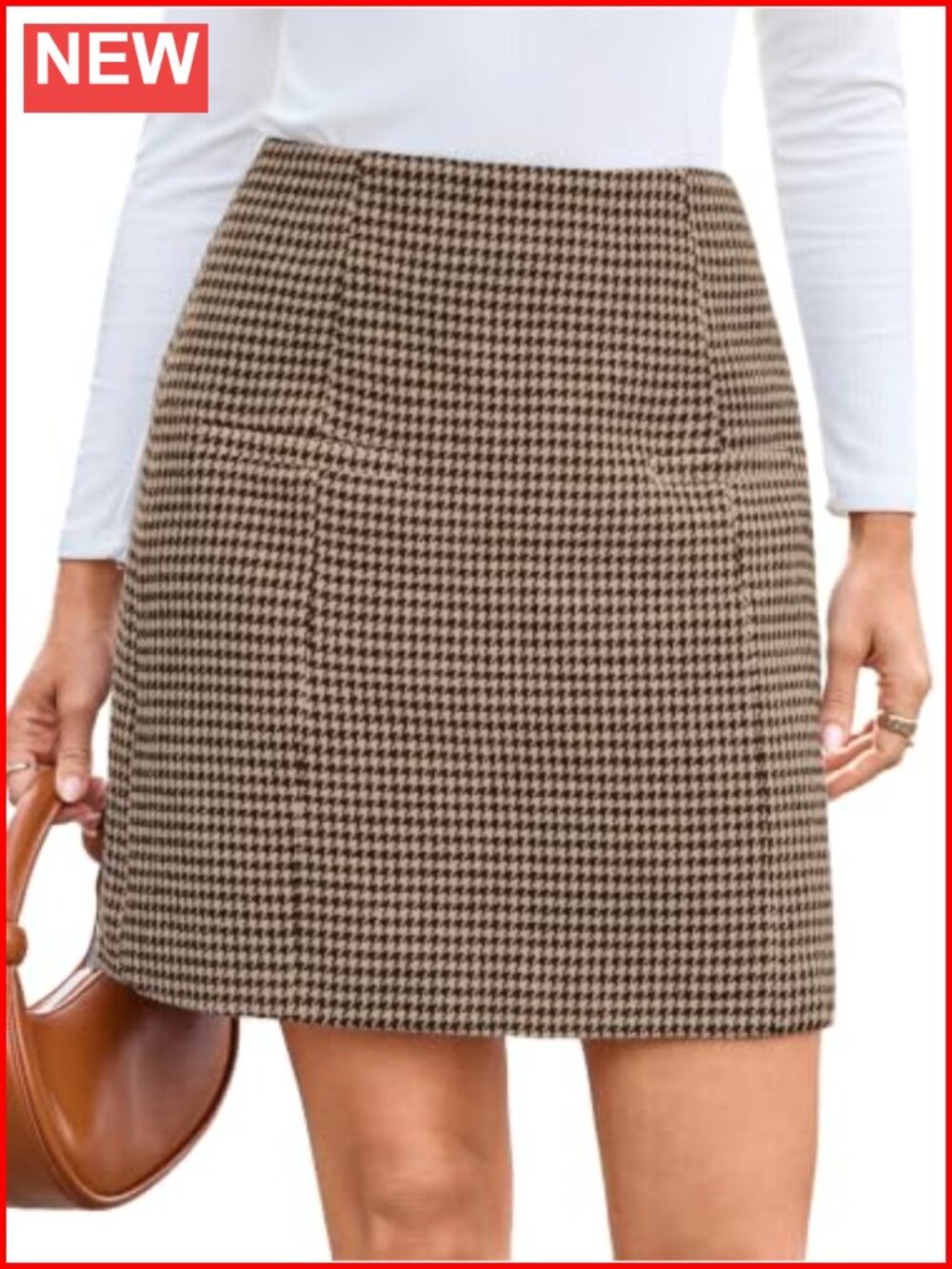 High Waist Houndstooth Mini Skirt A-Line Faux Pockets